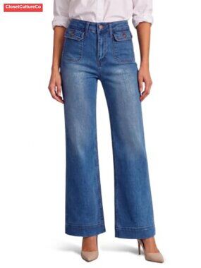 High Waisted Straight Leg Denim Jeans Patch Pockets